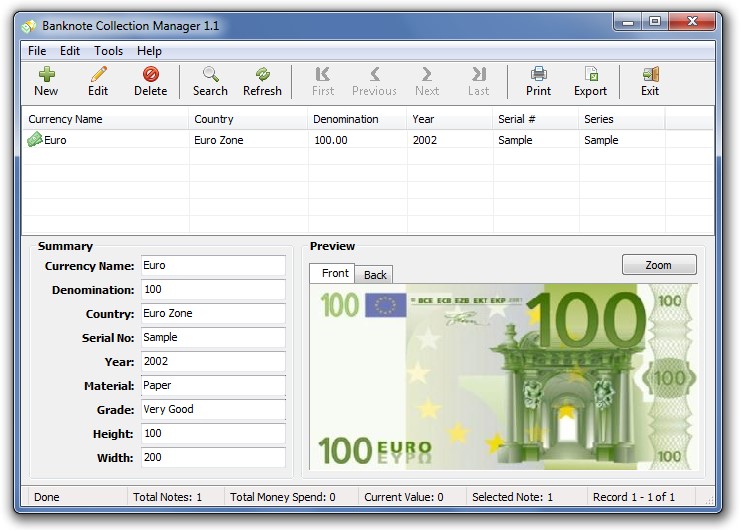 Banknote Collection Manager screen shot