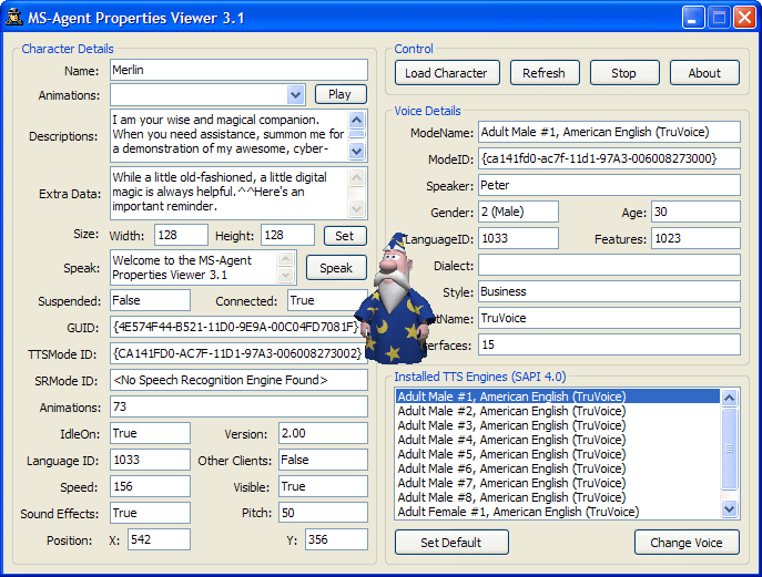 View detailed information about MS Agent 2, Characters & Text to speech engines.